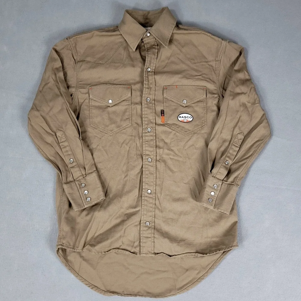New Rasco FR Work Shirt Men's Small Khaki Western Snap Button Cotton FR1003KH